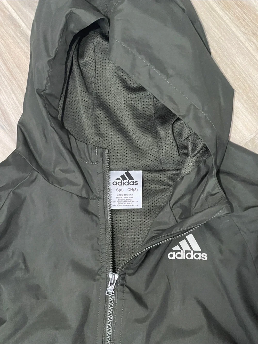 adidas Kids Army green Hooded Windbreaker with Gray Iridescent Stripe Accents
